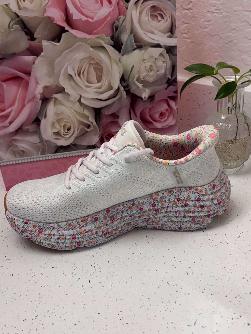 Skechers Women’s White Knit Sneakers with Pink Floral Midsole - Picture 6 of 8